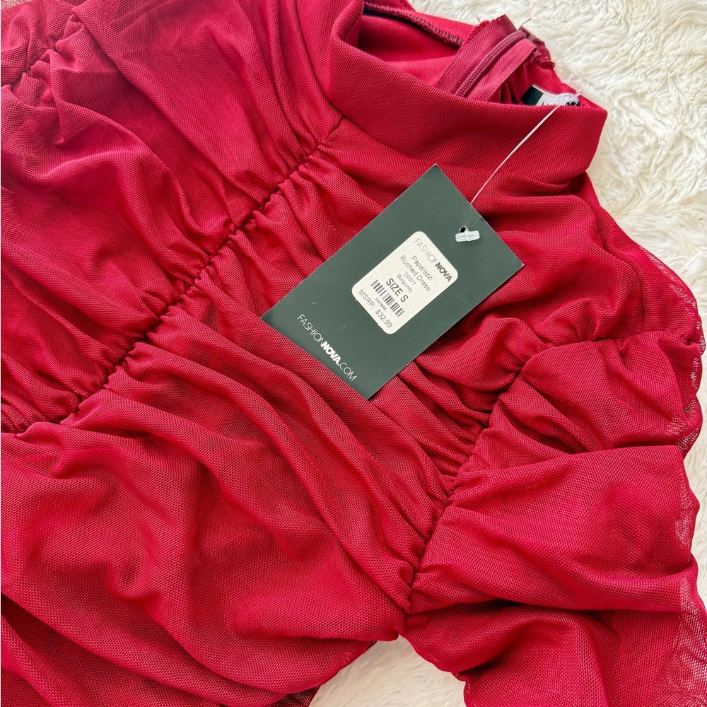 Fashion Nova Red Long Sleeve Ruched Dress